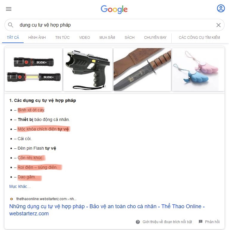 Kết quả top 1 google khi search cụm từ "Dụng cụ tự vệ hợp pháp"